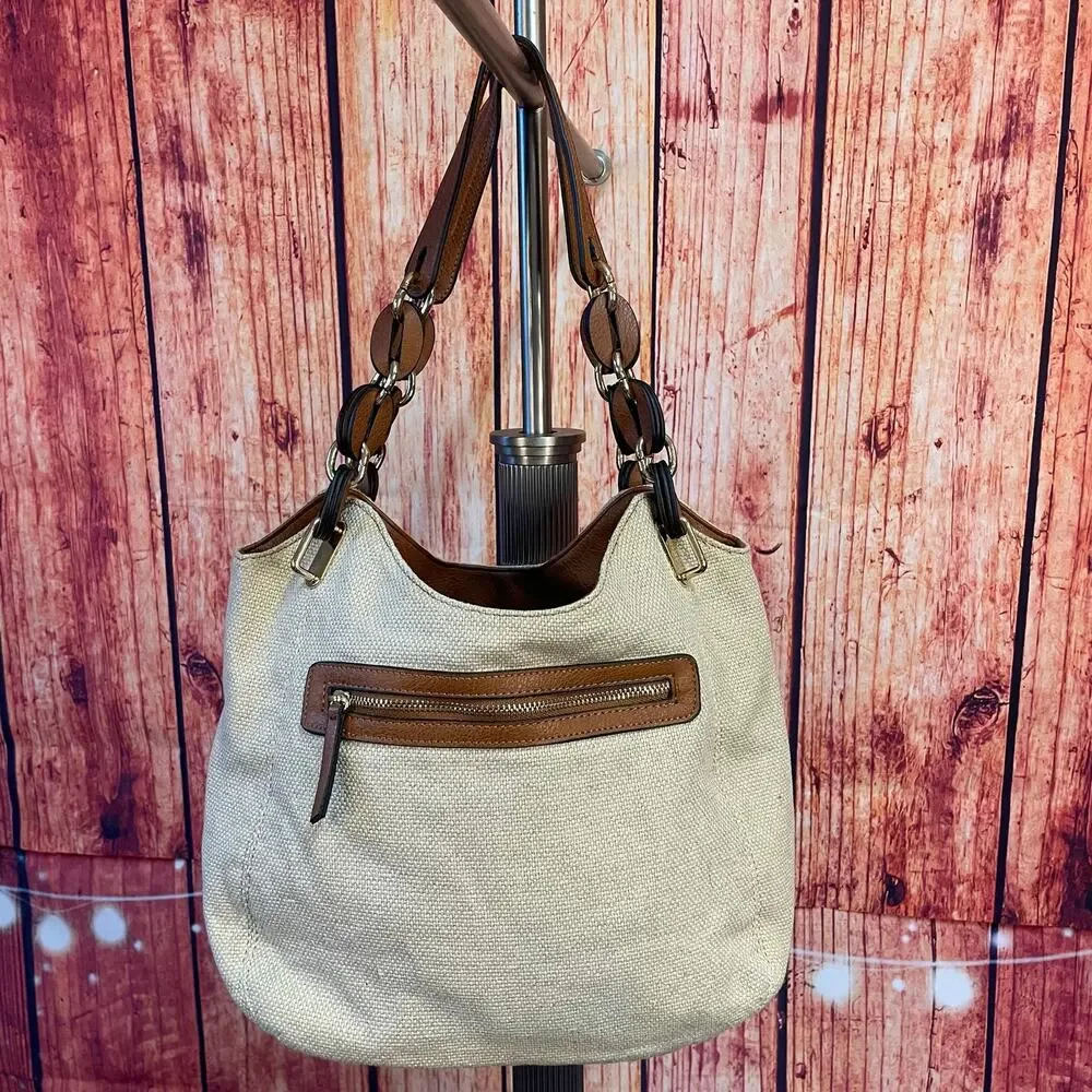 Kate & Alex Cuffaro Canvas Shoulder Hobo Bag Leather Double Strap Khaki Brown